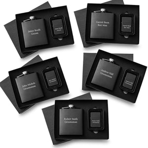 Set of 5 Personalized Black Flasks & Lighters